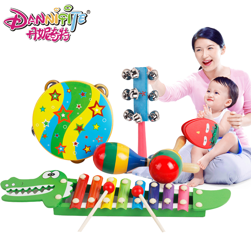 丹妮奇特宝宝木制乐器玩具 儿童音乐五件套手敲琴鼓 沙球响板摇铃